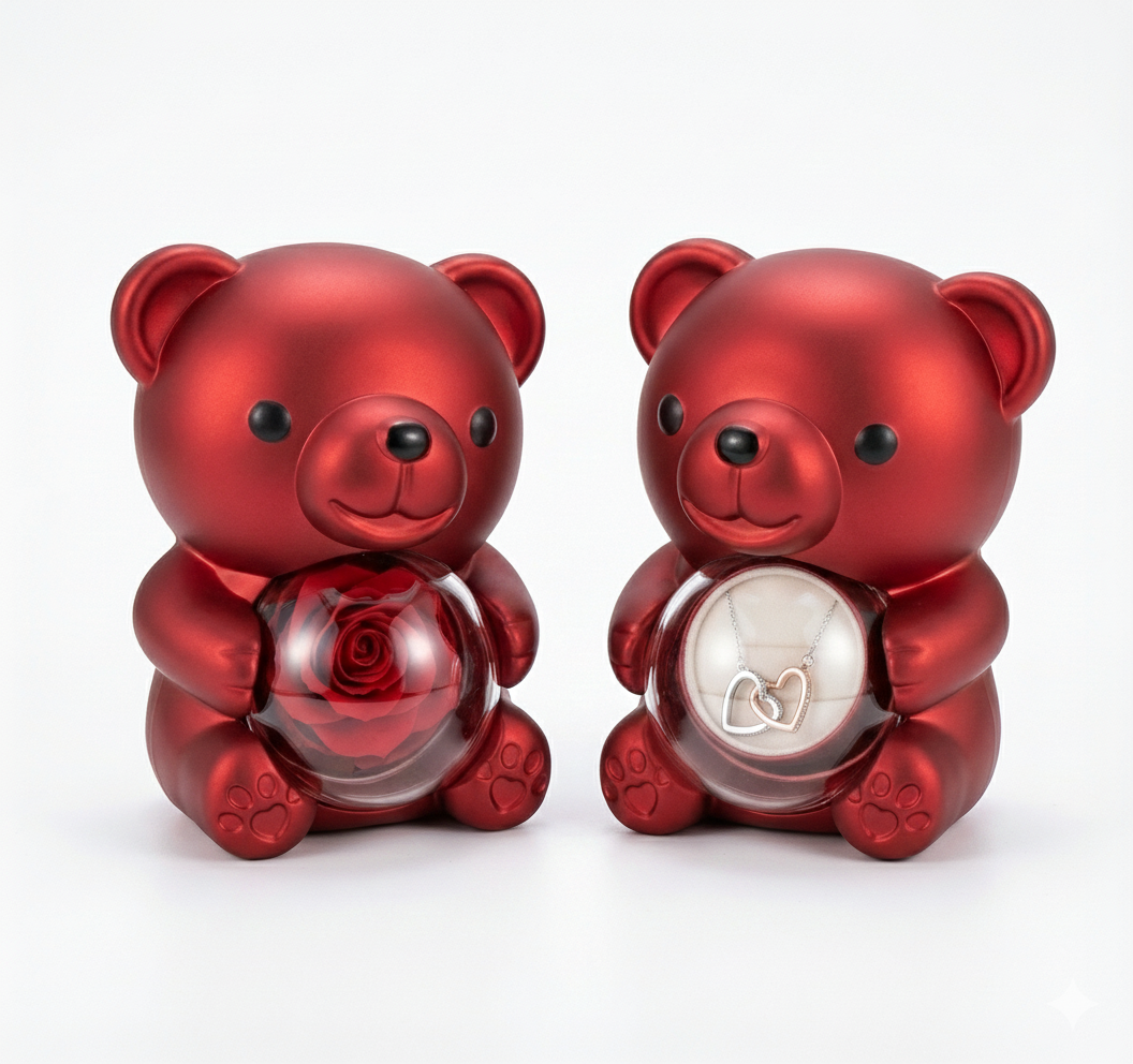 Oso amor con rosa preservada + collar plata corazón bicolor