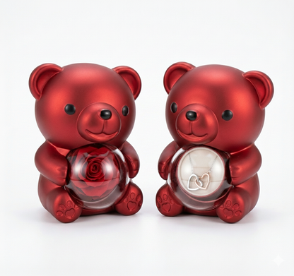 Oso amor con rosa preservada + collar plata corazón bicolor