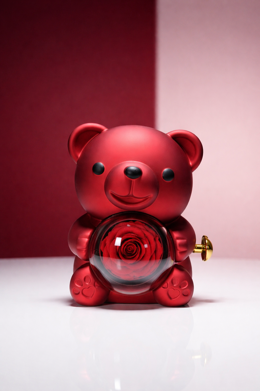 Oso amor con rosa preservada + collar plata corazón bicolor