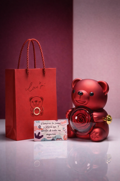 Oso amor con rosa preservada + collar plata corazón bicolor